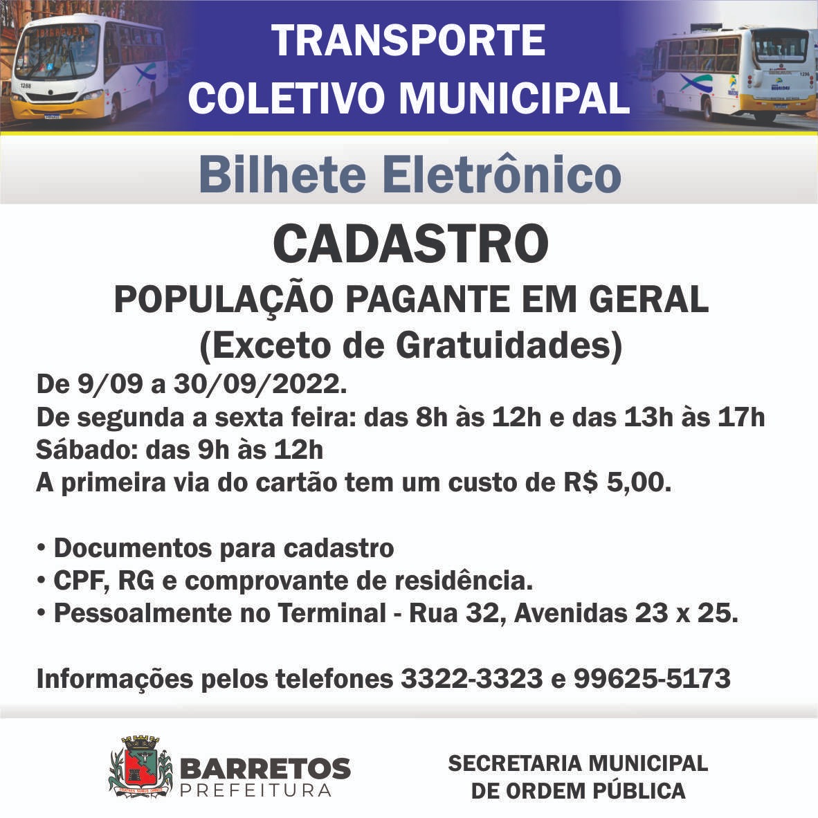 Transporte Coletivo Municipal de Barretos abre cadastro geral para Bilhete Eletrônico